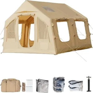 Inflatable Camping Tent with Hand Pump, Waterproof Outdoor Blow-Up Tent, 6-10 Person, 4-Season Cotton Cloth Cabin House