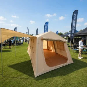 Inflatable Glamping Ridge Tent 396x270cm 420D Thickened Oxford Fabric Luxury Family Cabin High Strength PVC Column Khaki