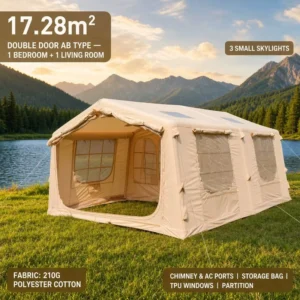 Inflatable Glamping Tent 17.28m² Double Door One Bedroom Living Room Three Skylights Chimney Storage Bag TPU Doors Windows
