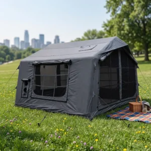 Inflatable Safari Cabin 8sqm Technical Cotton 3×2.65m Floor 2.1m Peak TPU Air Support Tank Grey OEM Supplier