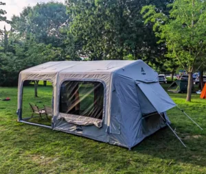 Inflatable tent with tc cotton fabric outer shell air pipe pvc bottom large space mesh window sturdy design for family camping