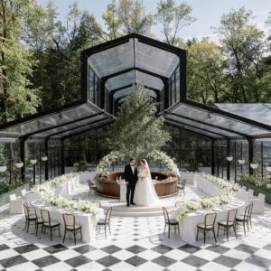 Intimate Elopement Clear Glass Orangery Marquee Tent Small Garden Atrium Cathedral Wedding Cocktail Tent