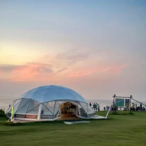 JLJW Outdoor Luxury Four season Triple Layer Tensile Membrane Glamping Dome Tent 10 20m Per Square Price Waterproof Mobile Home