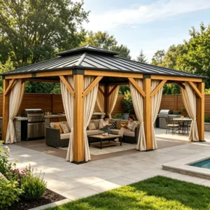 Large Outdoor Cedar Frame Gazebo with All-Weather Hardtop, Privacy Curtains Included
