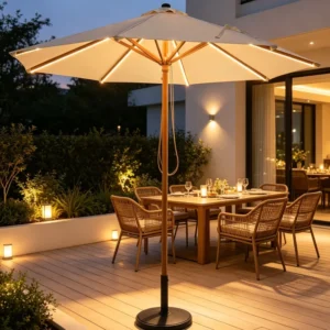 Large Outdoor Center-Pillar Foldable Patio Umbrella with LED Light for Garden and Restaurant Use, Marble Base
