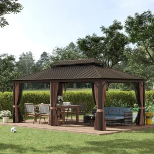 Large Outdoor Steel Gazebo with Wood Canopy, Powder-Coated, Waterproof, Sun and Rain Protection for Garden, Patio and Yard