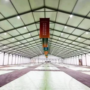 Large White PVC Show Tent with Wall and Hanging Vertical Banner for Industry Expo Venues