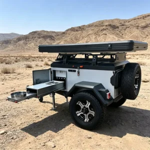Lightweight Modern off Road Camper Trailer with Expanded Roof Top Tent & Slide Out Kitchen for Overlanding