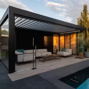 Lightweight Outdoor European-Style Bioclimatic Louver Pergola with Sun Shading and Fast Drainage Aluminum Alloy for Villa, Living Room, and Park