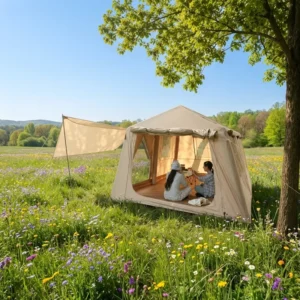 Lodge Inflatable Cabin Shelter 420D Oxford 396x270x200cm Khaki PVC Airbeam Tour Glamping Factory