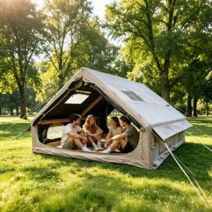 Luxury 12㎡ Inflatable Ridge Tent with Black Vinyl Coating UPF 50+ Darkroom Air Tent for 6 8 People AB Doors