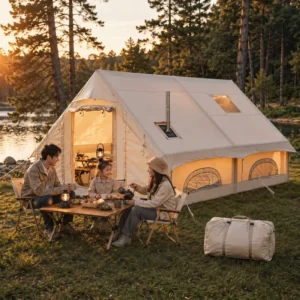 Luxury 12 Sqm Inflatable Tent 2 Bedroom 1 Living Room Waterproof 300D Oxford Glamping House Chimney Port 10 Person