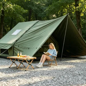 Luxury 6+6㎡ TC Cotton Inflatable Tent Breathable 210g Polyester Cotton Glamping Tent with Large Awning 4 6 Person