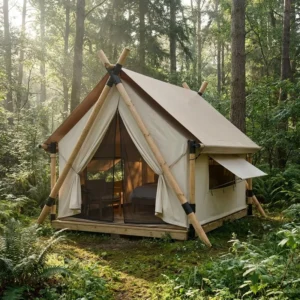 Luxury A frame Wooden Safari Tent 850g PVC Waterproof Eco friendly Glamping Tent for Forest Resort & Mountain Retreat
