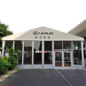 Luxury Car Temporary Showroom Tent Beige PVC Roof Full Glass Wall Custom Logo Print Marquee for Auto Launch Event Hall