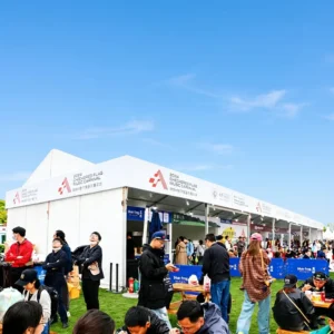 Luxury Car Temporary Showroom Tent Beige PVC Roof Full Glass Wall Custom Logo Print Marquee for Auto Launch Event Hall