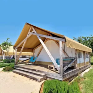 Luxury Eco friendly Glamping Tent With Glass Entrance Prefab Wooden Safari Lodge for Resorts Eco genre Trade Show Tents