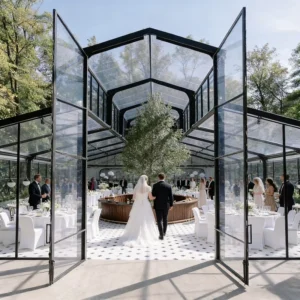 Luxury Garden Sanctuary Glass Atrium Marquee Tent Panoramic View Orangery Cathedral Wedding Event Hall
