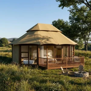 Luxury Glamping Tent 1050g PVDF Tensile Membrane Thermal Break Glass Wall Hotel Tent For Eco Resort And Mountain Nature Stay
