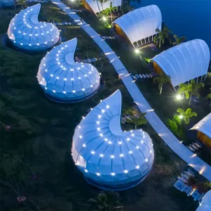 Luxury Hotel Glamping Tent with Snail Shape Pvdf Tensile Membrane Architecture Seashell Conch Inspired Camping House