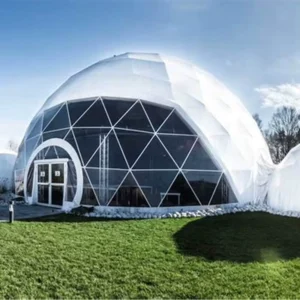 Luxury Modern Waterproof PVC Steel Glamping Geodesic Dome Tent Clear Glass Door CE Certified Four Season Black out Flame
