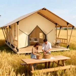 Luxury Safari Glamping Tents Modular Four season Prefab Waterproof Double Layer Triangle Shape One Bedroom Living Room PVC