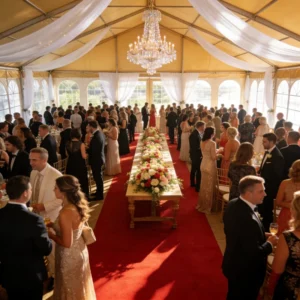 Luxury Wedding Banquet Tent With Arched Glass Wall Ceiling Drapes Crystal Chandelier Outdoor Lawn Wedding Reception Marquee