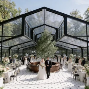 Matte Black Aluminum Frame Glasshouse Tent Golden Hour Garden Church Wedding Ceremony Reception Marquee