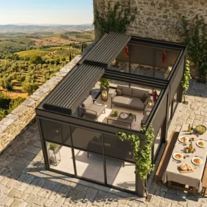 Minimalist Aluminum Pergola Outdoor Motorized Louvered Retractable Roof Canopy Gazebo Rodent Proof Sleek Shade System