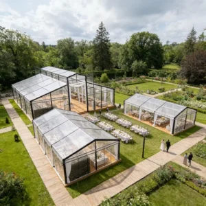 Modern Black Aluminum Orangery Glass Tent Full Sky View Transparent Roof Atrium Wedding Ceremony