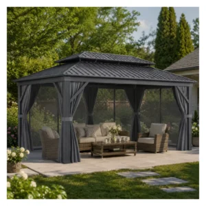 Modern Hardtop Gazebo with Double Roof, Aluminum Outdoor Dining Pavilion, Curtains, Weatherproof for Coastal Villas and Resorts