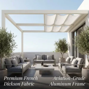 Modern Sliding Roof Pergola with Folding Wave Canopy, LED Lights, Roman Curtains, Powder-Coated Aluminum