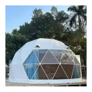 Modern Style PVC Canvas Roof Geodesic Dome Tent with Wooden Deck Panoramic Window Luxury Desert Resort Glamping Dome Tent
