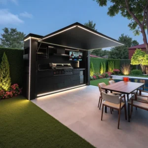 Modern Weatherproof Stainless Steel Acrylic Outdoor Kitchen Shelter with Grill Bar Counter Drawer Basket