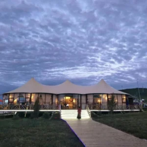 Modular Cafe Tent for Plateau Camps Steel Structured Dining Tent with Panoramic Entry for Island and Coastal Sites