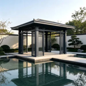 Motorized Aluminum Bioclimatic Gazebo with LED Lights, Louvered Roof, Glass Sliding Doors