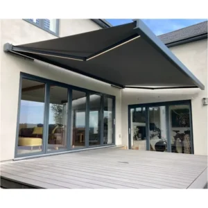 Motorized Full Cassette Retractable Awning with LED Light Aluminum Folding Arm Outdoor Patio Automatic Sun Shade & Rain Shelter