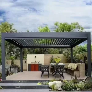 Motorized Outdoor Aluminum Louvered Canopy with Powder-Coated Alloy Frame for Patio, Terrace, Deck and Garden Pergolas with Salt Wall Panels