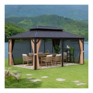 Outdoor Aluminum Hardtop Double-Roof Waterproof Canopy Gazebo Pergola