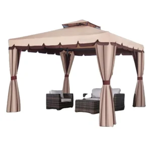 Outdoor BBQ Grill Gazebo Double-Tiered Soft Canopy Shelter with Steel Frame and Bar Counters