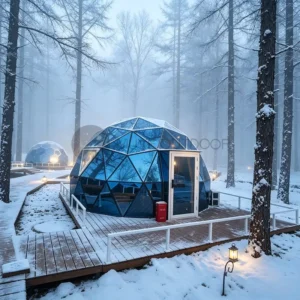 Outdoor Campsite Glamping Glass Dome Tent With Glass Door Snow Resistant Geodesic Hotel Shelter