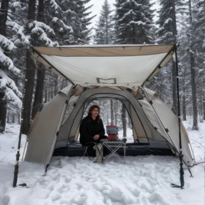 Outdoor Four-Season Double-Layer Tunnel Carp Fishing Bivvy Tent with Chimney Flue, Fire-Retardant, Waterproof, Windproof