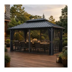 Outdoor Garden Hardtop Canopy Heavy Duty Aluminum Hardtop Gazebo with Curtains & Mosquito Net