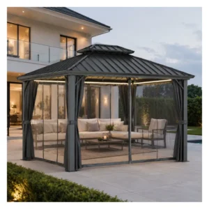 Outdoor Hardtop Pergola with Aluminum Frame Metal Roof Gazebo Canopy with Curtains and Netting