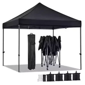 Outdoor Market Stall 3*3m Black Tent Rain Shelter Foldable Retractable Four-legged Umbrella Sun Protection Canopy