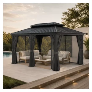 Outdoor Pergola 2-Tier Hardtop Garden Pavilion Alloy Frame Canopy & Gazebo With Metal Roof