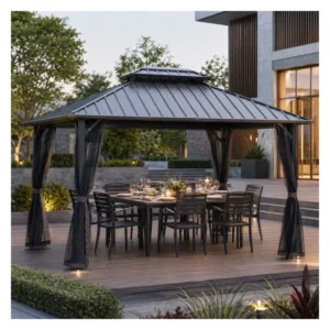 Outdoor Pergola Canopy Curtains Heavy-Duty Aluminum Frame Hardtop Gazebo with Netting for Garden Patio
