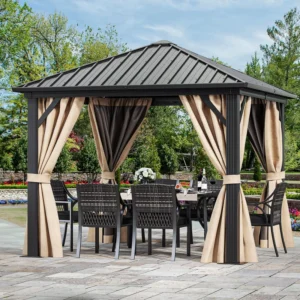 Outdoor Waterproof Steel Frame Garden Gazebo with Aluminum Roof, Metal Pavilion Pergola Hardtop Canopy