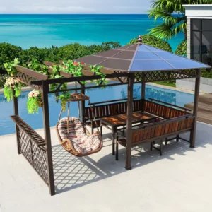 Outdoor Wooden Pergola Patio Sunshade Pavilion Chinese Style Aluminum Alloy Eco Friendly Durable Outdoor Furniture