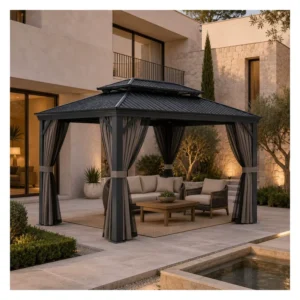 Outdoor pergola hardtop gazebo with curtains, aluminum frame, and netting for garden patios